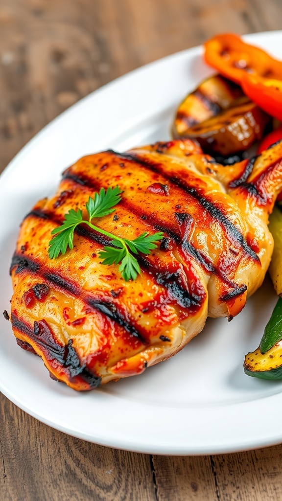 Juicy Grilled Chicken Recipe Grilled chicken breast garnished with parsley, served with grilled vegetables on a rustic table.